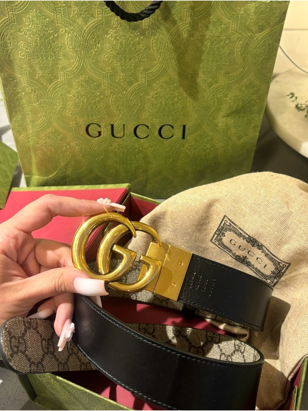 GUCCI Reversible Monogram GG Canvas Belt with Gold Double G Buckle - Picture 2 of 4